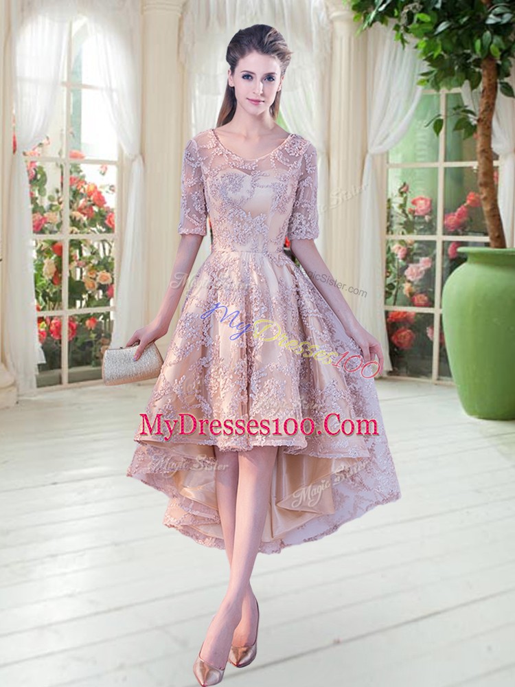 Beauteous A-line Prom Party Dress Champagne Scoop Half Sleeves High Low Zipper