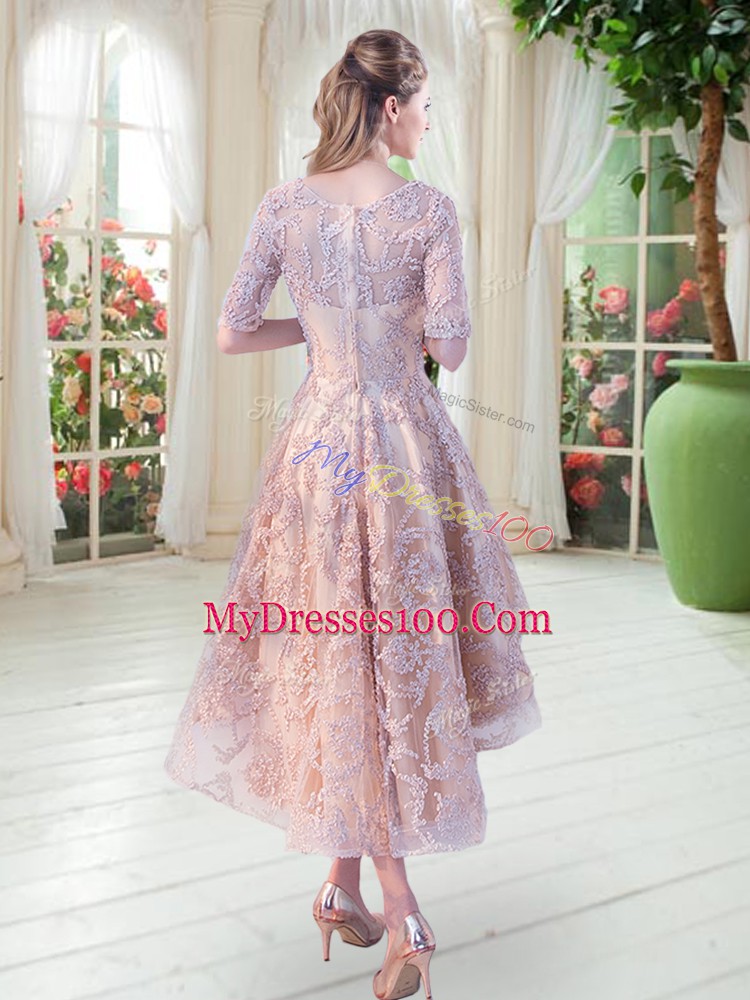 Beauteous A-line Prom Party Dress Champagne Scoop Half Sleeves High Low Zipper