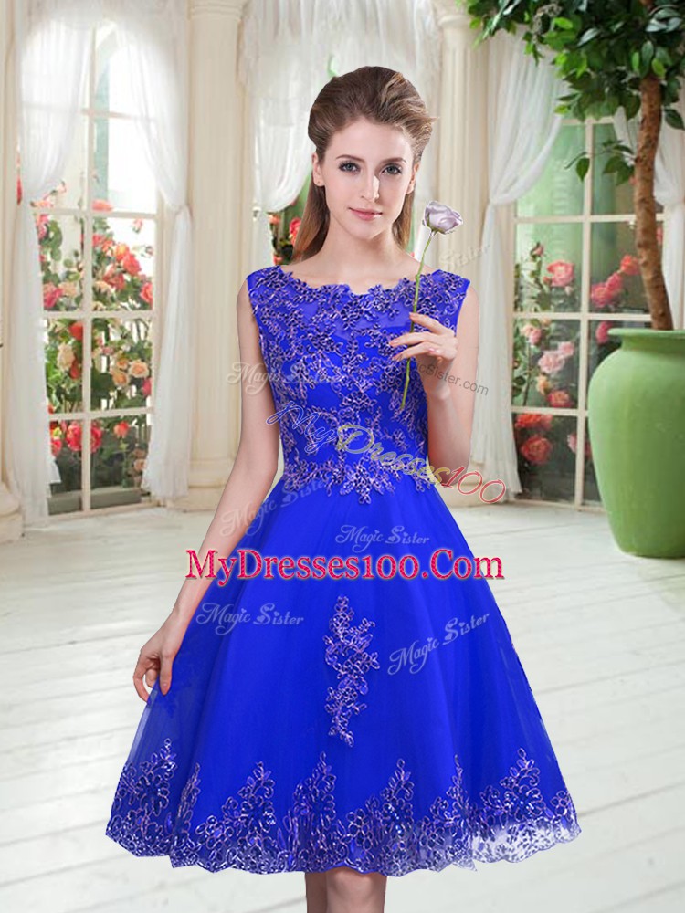 Tulle Scoop Sleeveless Lace Up Beading and Appliques Prom Evening Gown in Royal Blue