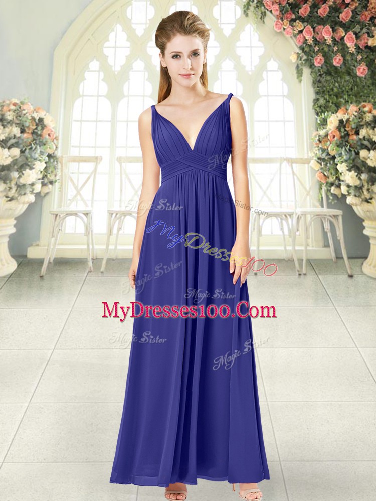 Blue Empire Ruching Evening Dress Zipper Chiffon Sleeveless Ankle Length