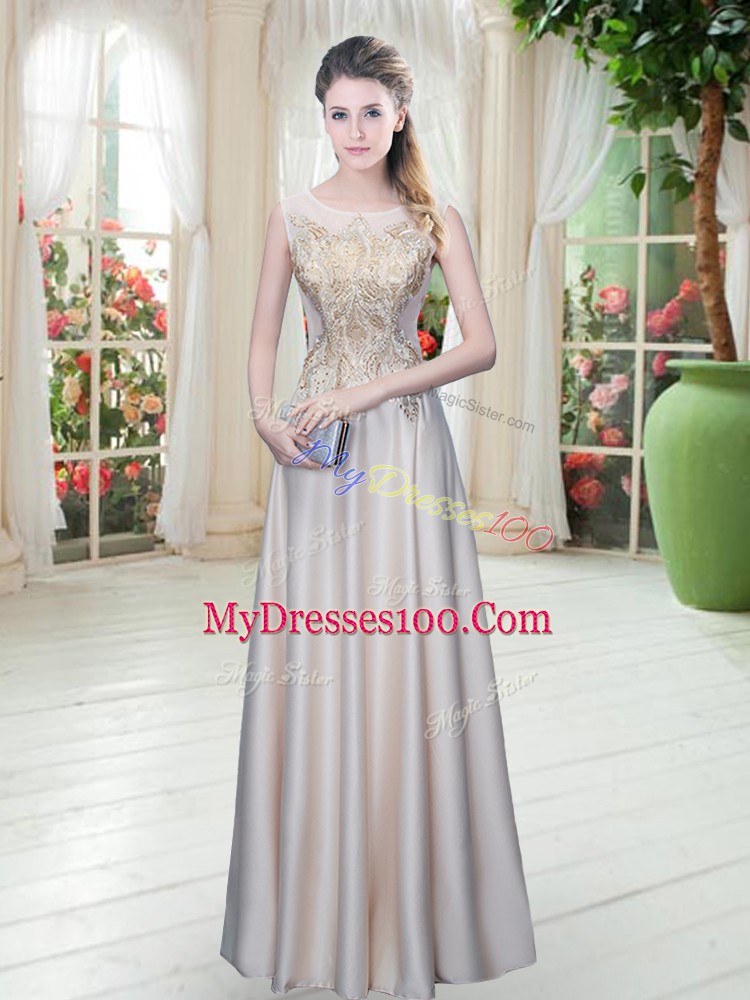 High Class Scoop Sleeveless Zipper Dress for Prom Champagne Satin