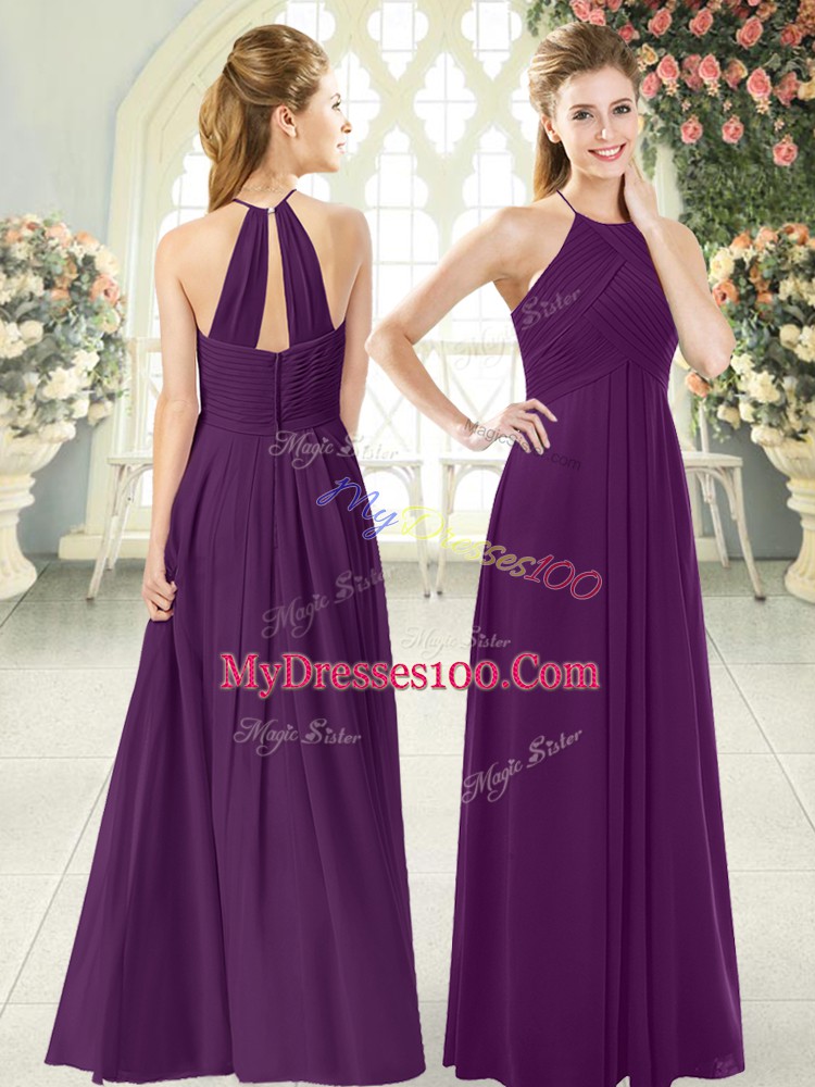 Hot Selling Purple Sleeveless Floor Length Ruching Zipper Evening Dress