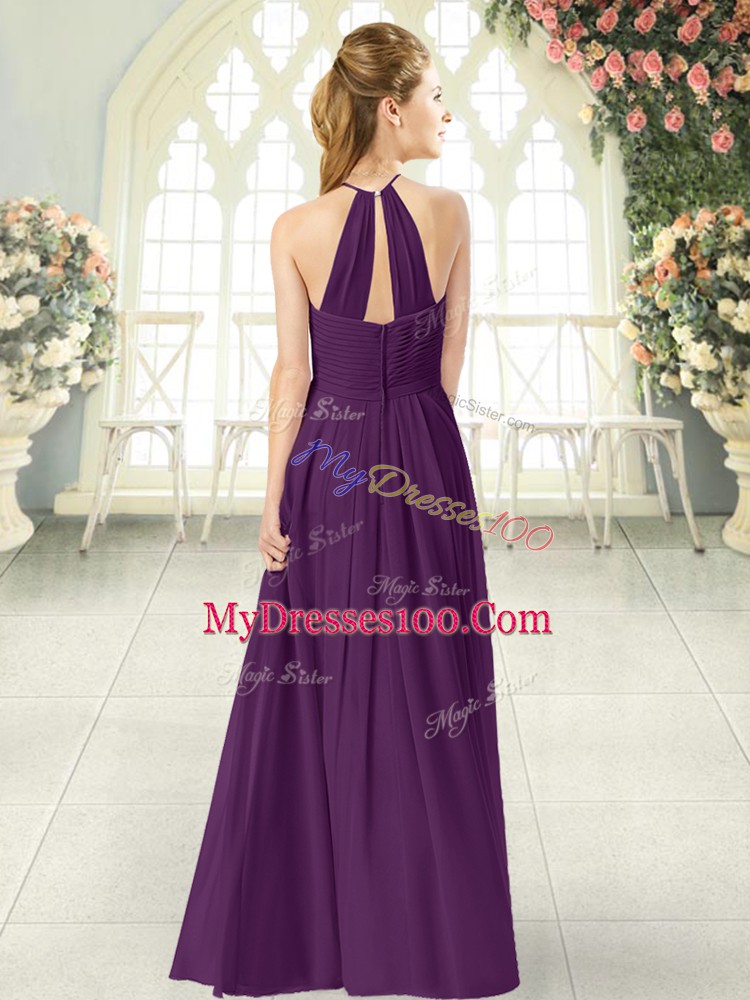 Hot Selling Purple Sleeveless Floor Length Ruching Zipper Evening Dress