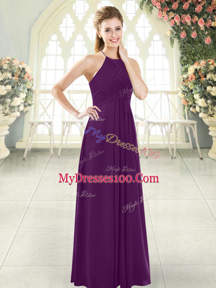 Hot Selling Purple Sleeveless Floor Length Ruching Zipper Evening Dress