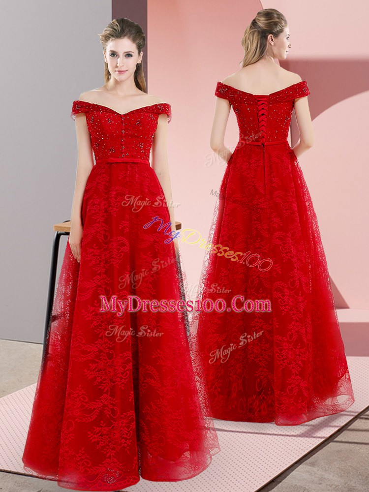 Romantic Red Organza Lace Up Sweetheart Sleeveless Prom Dresses Sweep Train Beading and Lace