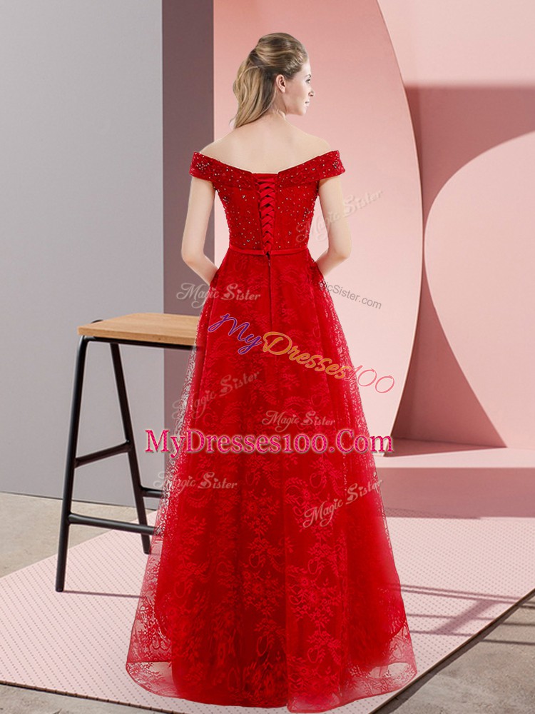 Romantic Red Organza Lace Up Sweetheart Sleeveless Prom Dresses Sweep Train Beading and Lace