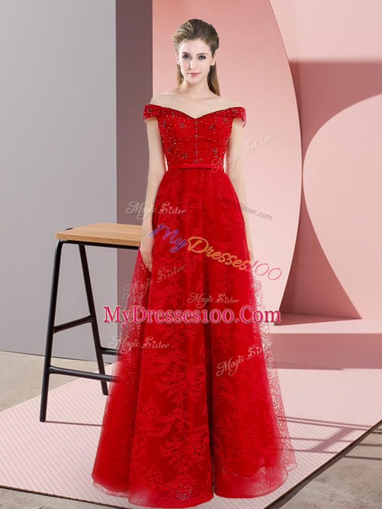Romantic Red Organza Lace Up Sweetheart Sleeveless Prom Dresses Sweep Train Beading and Lace