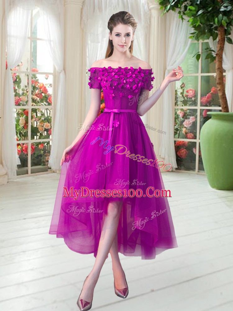 Fuchsia Prom Dresses Prom and Party with Appliques Off The Shoulder Short Sleeves Lace Up