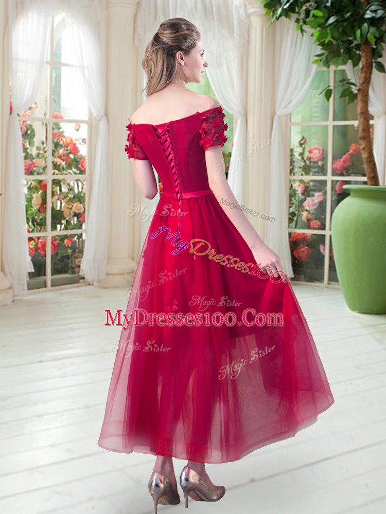 Fuchsia Prom Dresses Prom and Party with Appliques Off The Shoulder Short Sleeves Lace Up