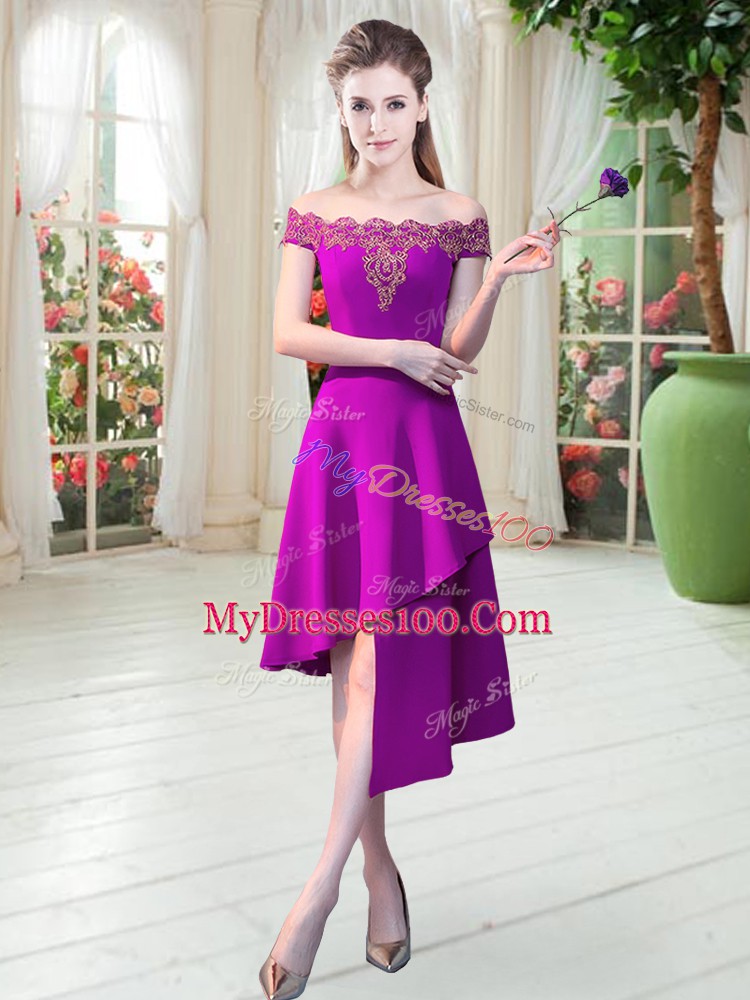 Satin Off The Shoulder Sleeveless Zipper Appliques Homecoming Dress in Purple