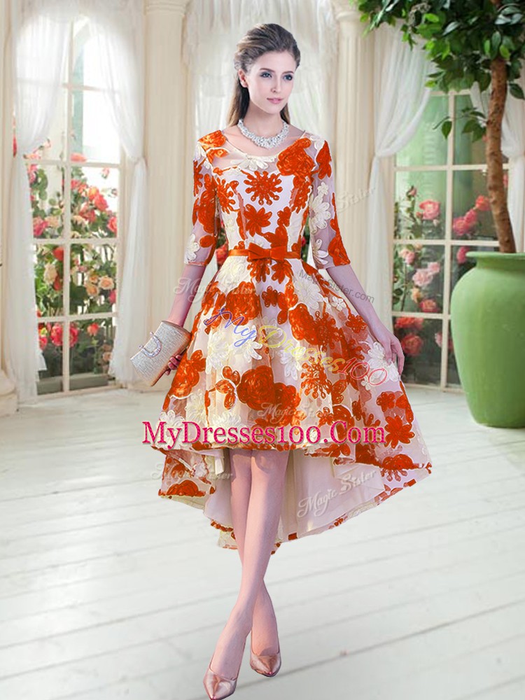 Perfect Scoop Half Sleeves Prom Dress High Low Belt Orange Red Lace