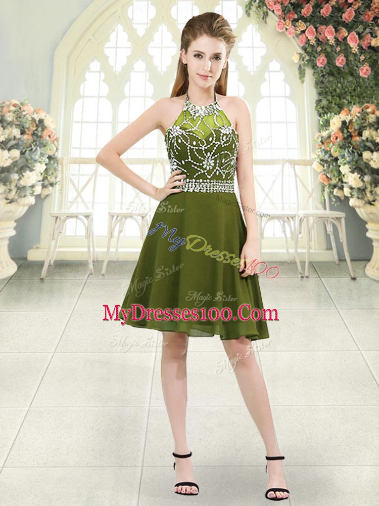 Olive Green Zipper Halter Top Beading Prom Evening Gown Chiffon Sleeveless