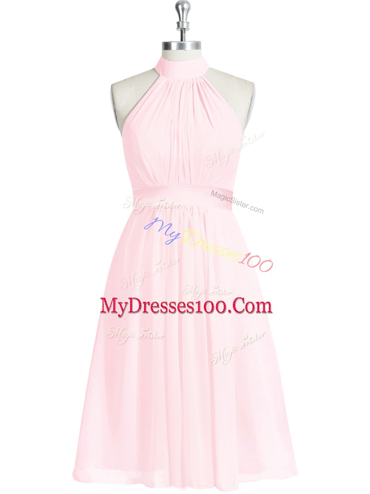 Exquisite Baby Pink Sleeveless Knee Length Ruching and Belt Zipper