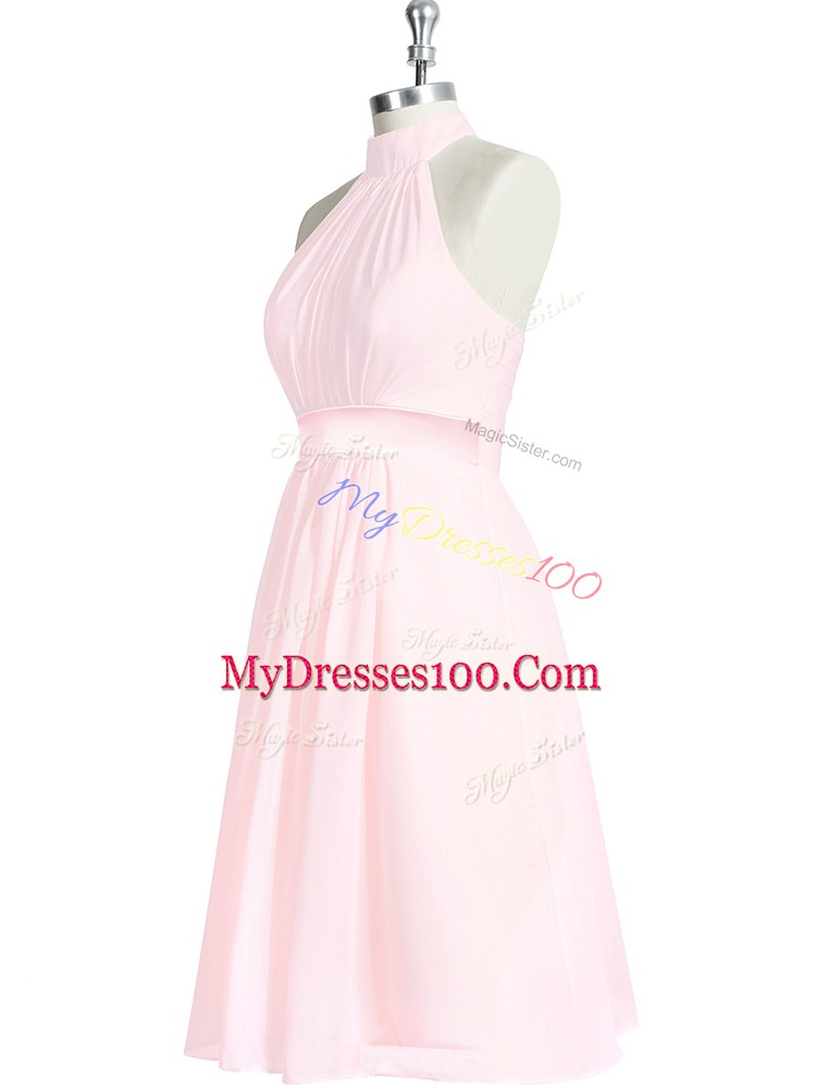 Exquisite Baby Pink Sleeveless Knee Length Ruching and Belt Zipper