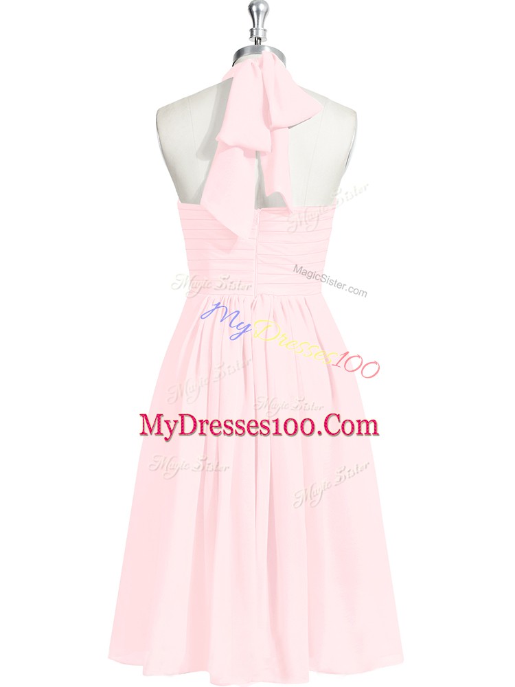 Exquisite Baby Pink Sleeveless Knee Length Ruching and Belt Zipper