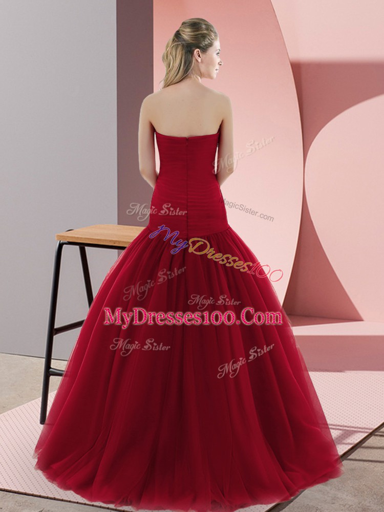 Simple Red Sleeveless Floor Length Beading Zipper Prom Evening Gown