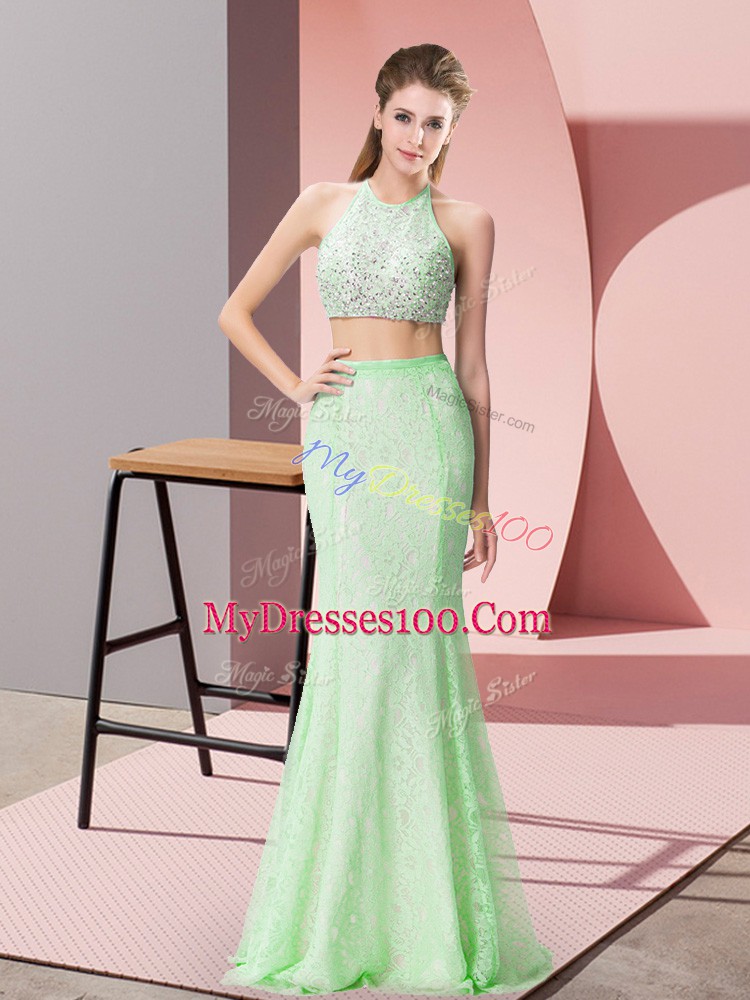 Apple Green Halter Top Backless Beading and Lace Prom Party Dress Sleeveless