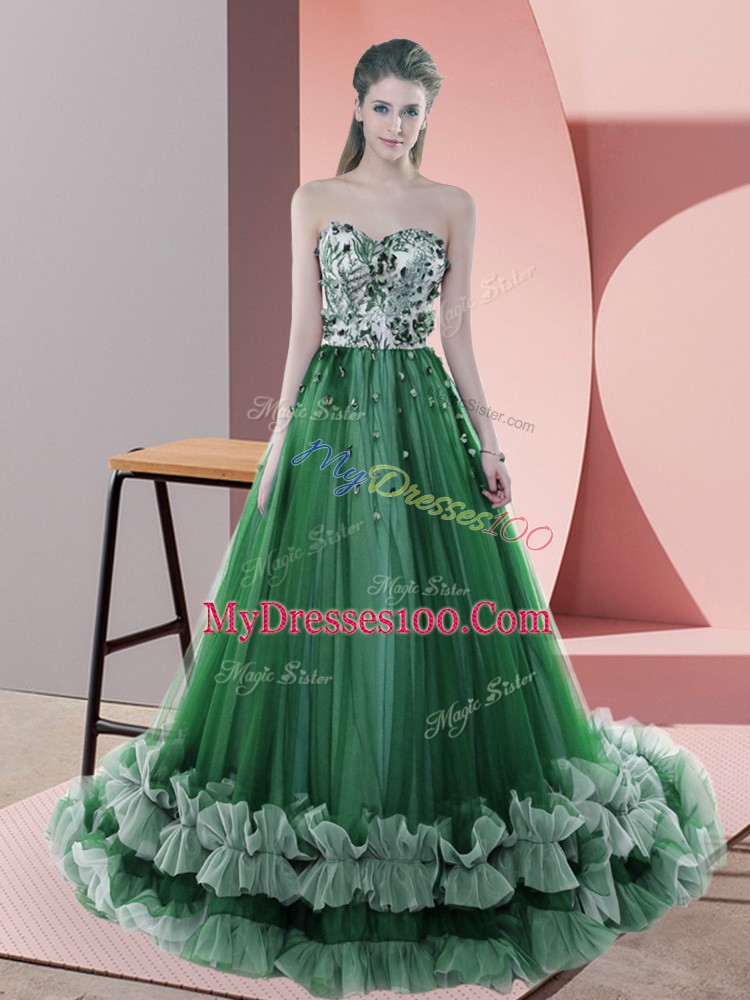 Designer Sleeveless Sweep Train Beading and Appliques Lace Up Evening Dress