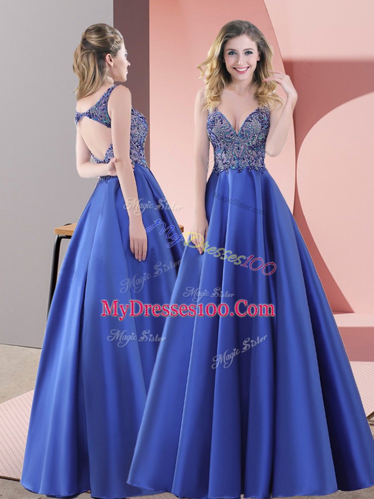 Colorful Sweep Train A-line Prom Gown Blue Straps Satin Sleeveless Floor Length Backless