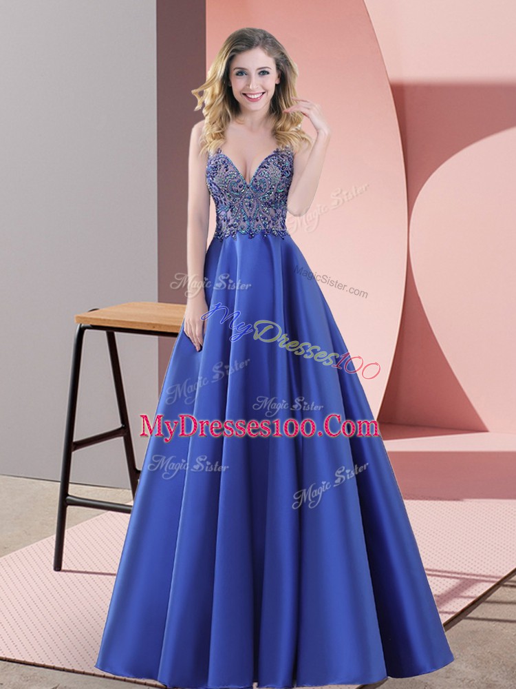 Colorful Sweep Train A-line Prom Gown Blue Straps Satin Sleeveless Floor Length Backless