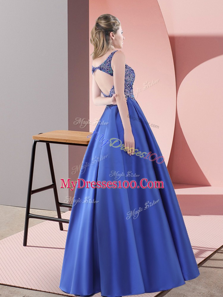 Colorful Sweep Train A-line Prom Gown Blue Straps Satin Sleeveless Floor Length Backless