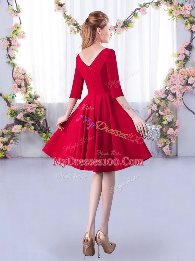 Red A-line Satin V-neck Half Sleeves Ruching Knee Length Zipper Bridesmaid Gown