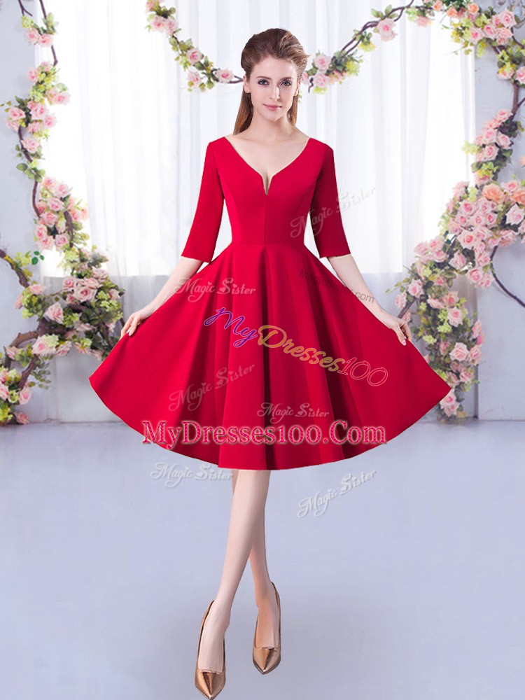 Red A-line Satin V-neck Half Sleeves Ruching Knee Length Zipper Bridesmaid Gown
