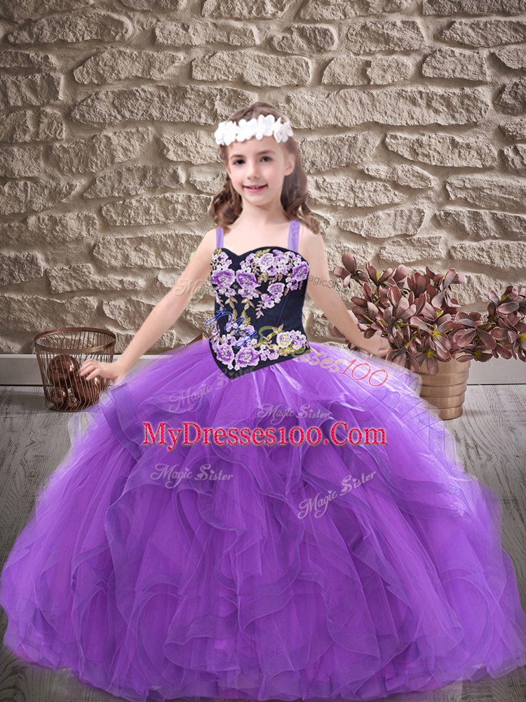 Tulle Straps Sleeveless Lace Up Embroidery and Ruffles Glitz Pageant Dress in Purple