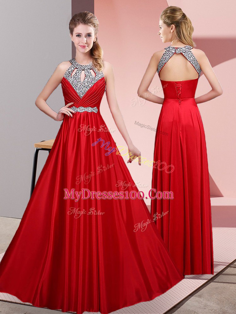 Eye-catching Floor Length Red Evening Dress Halter Top Sleeveless Lace Up