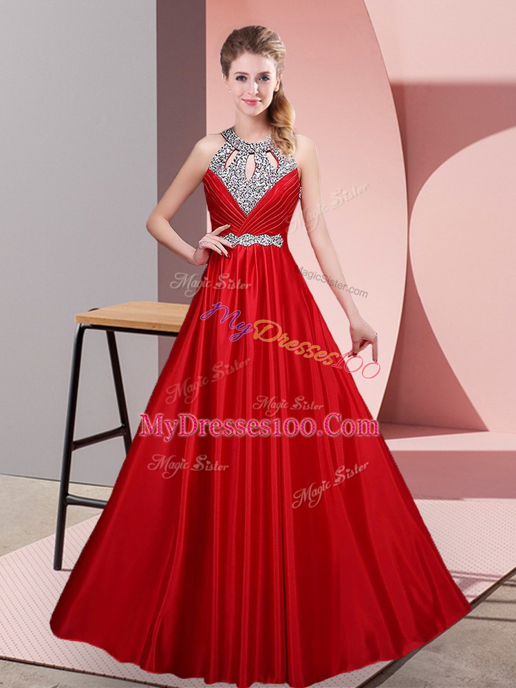 Eye-catching Floor Length Red Evening Dress Halter Top Sleeveless Lace Up