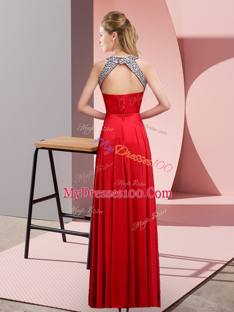 Eye-catching Floor Length Red Evening Dress Halter Top Sleeveless Lace Up