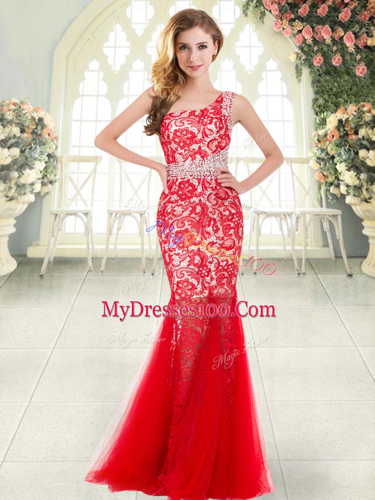 Inexpensive Red Sleeveless Beading and Lace Floor Length Prom Party Dress