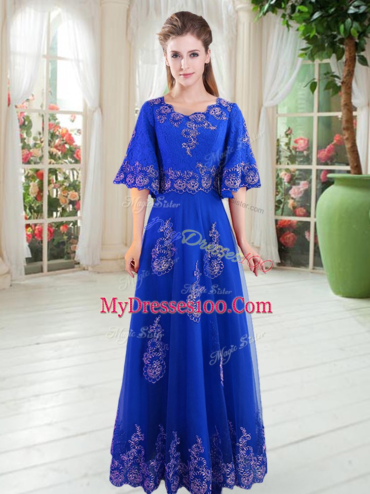 Enchanting Royal Blue Tulle Lace Up Scoop Half Sleeves Floor Length Homecoming Dress Lace