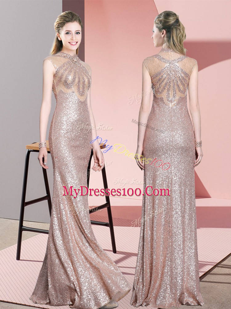 Fashionable Baby Pink Sequined Dress for Prom Sleeveless Floor Length Ruching