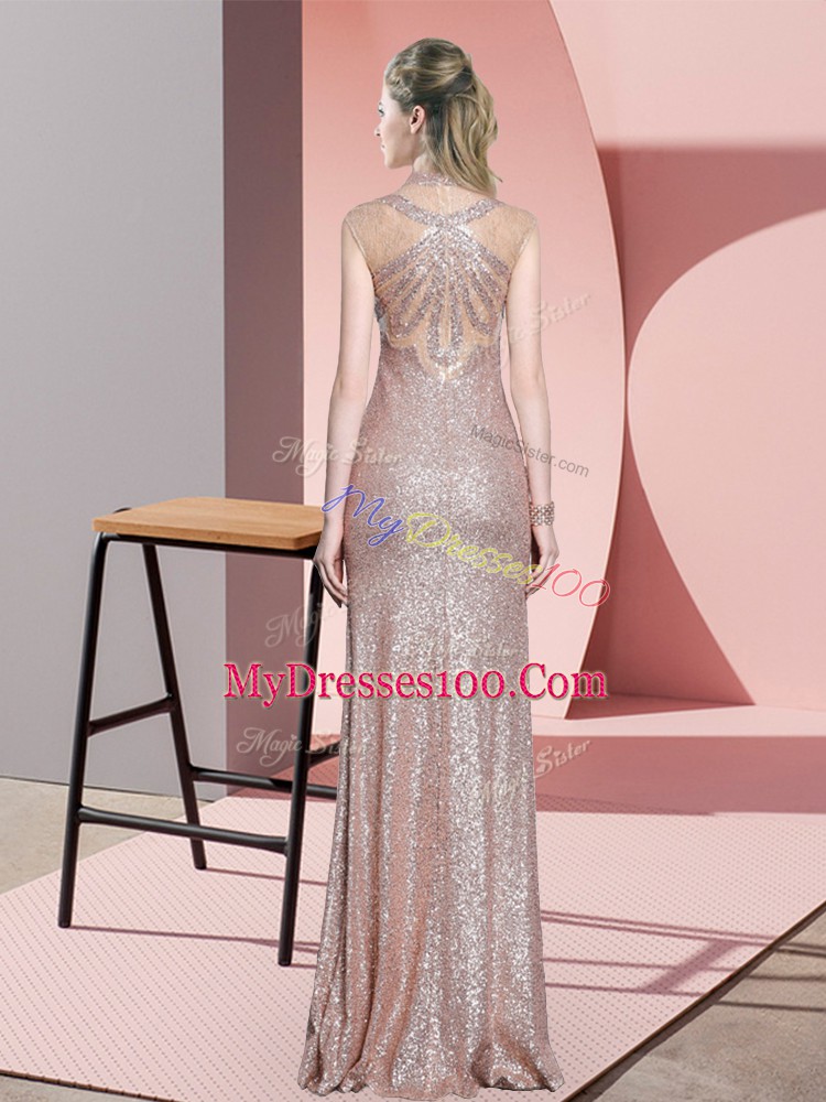 Fashionable Baby Pink Sequined Dress for Prom Sleeveless Floor Length Ruching
