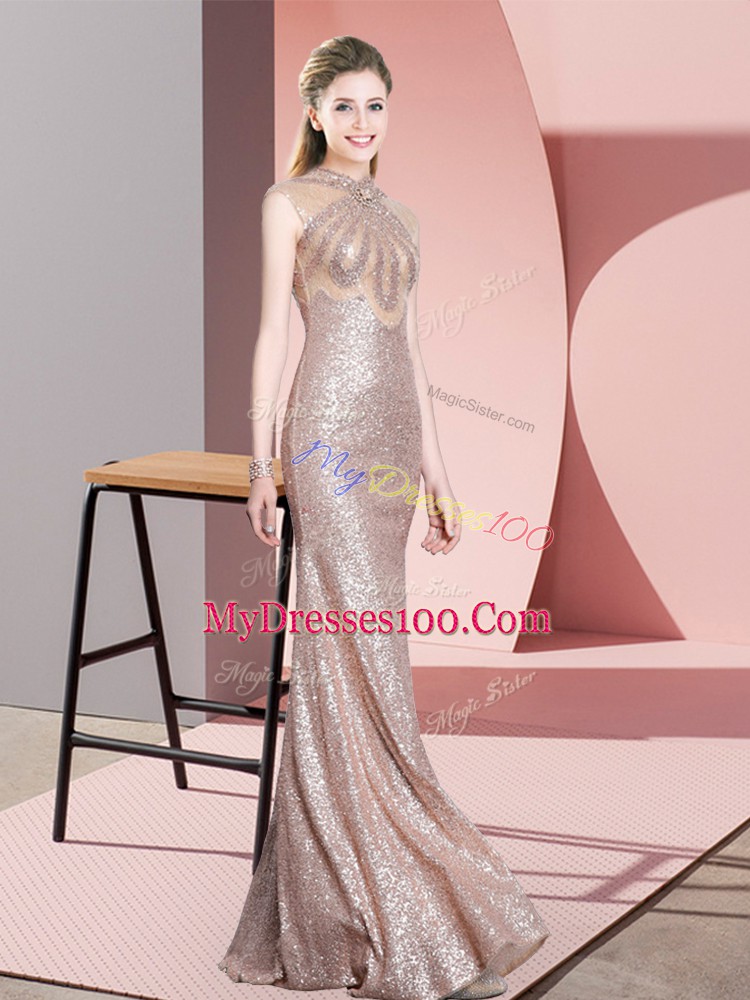 Fashionable Baby Pink Sequined Dress for Prom Sleeveless Floor Length Ruching