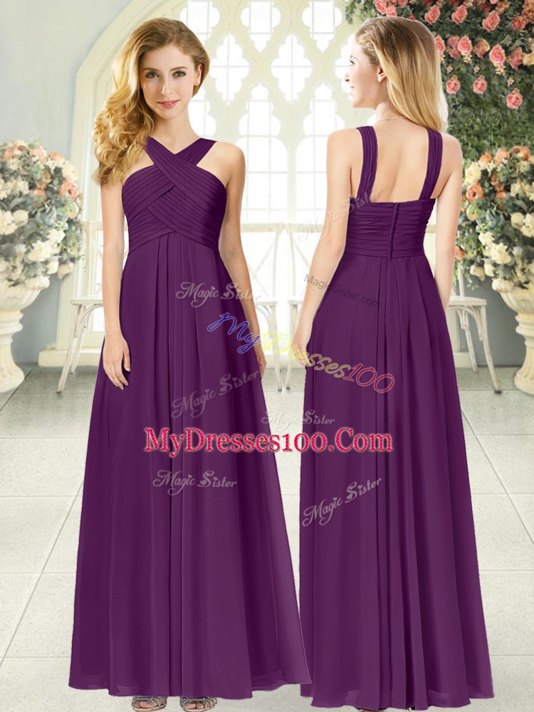 Delicate Purple Chiffon Zipper Evening Dress Sleeveless Floor Length Ruching