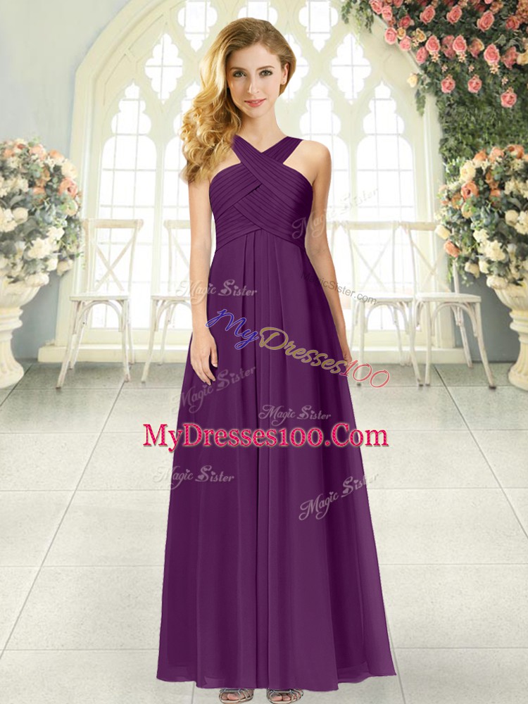 Delicate Purple Chiffon Zipper Evening Dress Sleeveless Floor Length Ruching