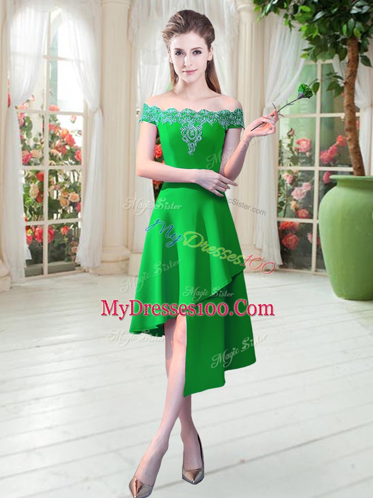 Asymmetrical Green Evening Dress Satin Sleeveless Appliques
