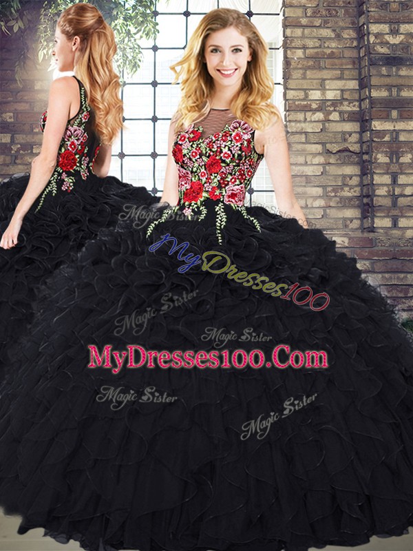 Artistic Scoop Sleeveless Sweet 16 Quinceanera Dress Floor Length Embroidery and Ruffles Black Organza