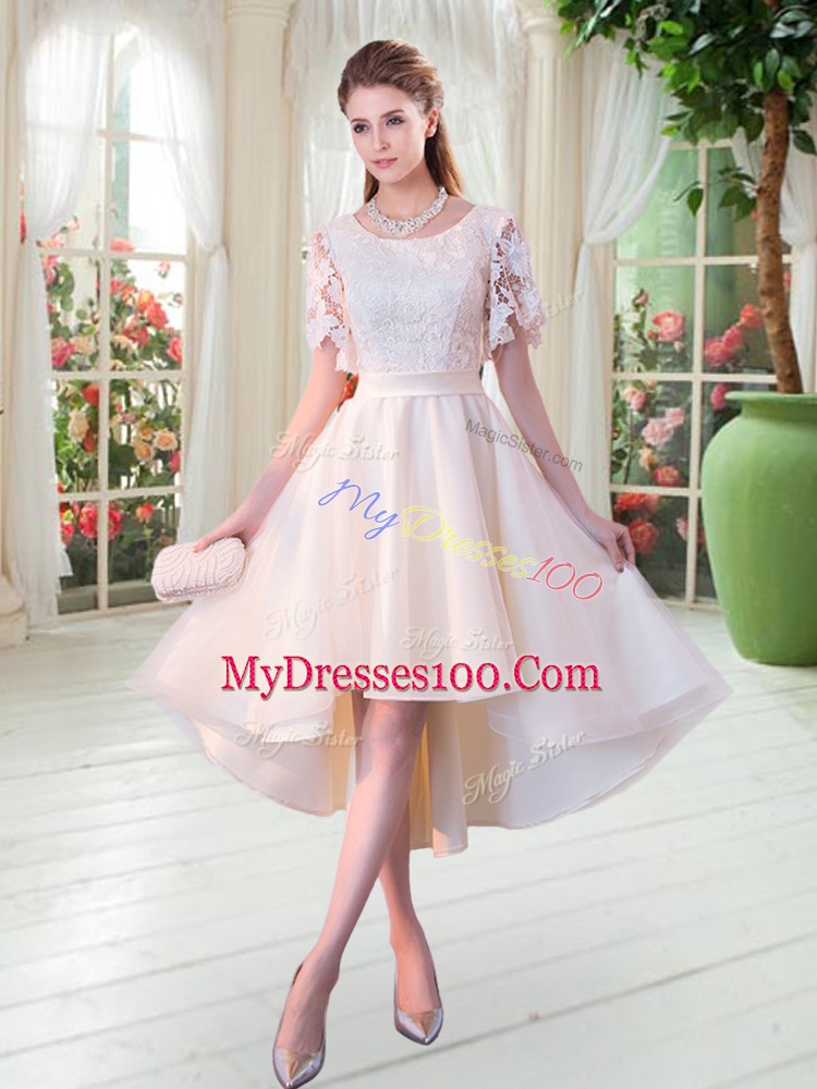 High Class Tulle Short Sleeves High Low Evening Dress and Lace