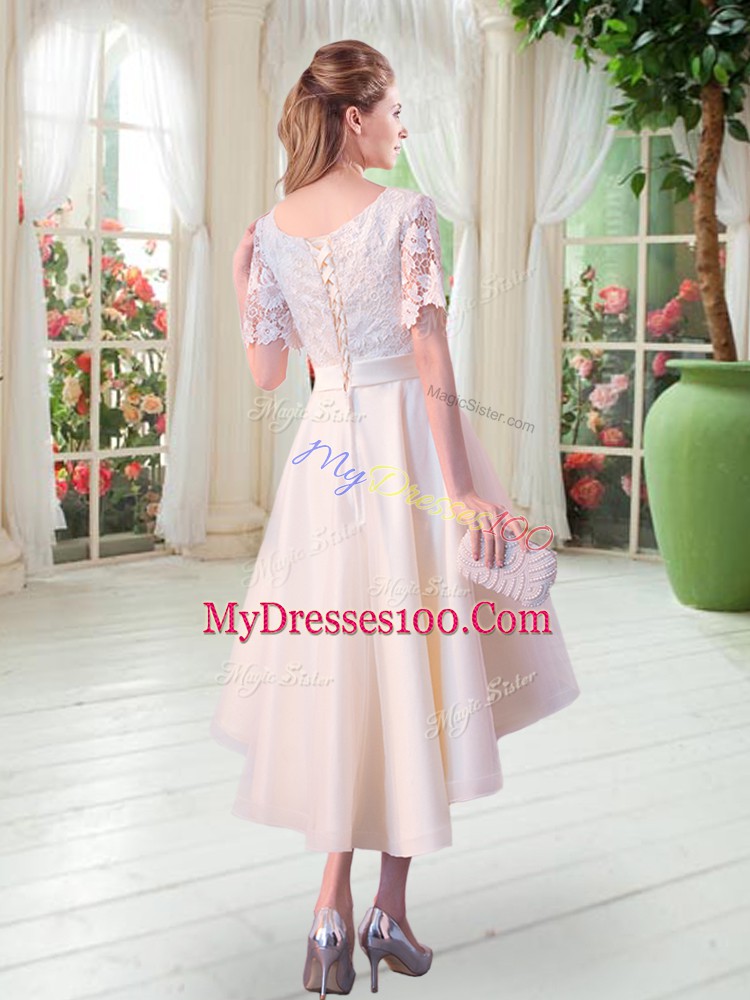 High Class Tulle Short Sleeves High Low Evening Dress and Lace