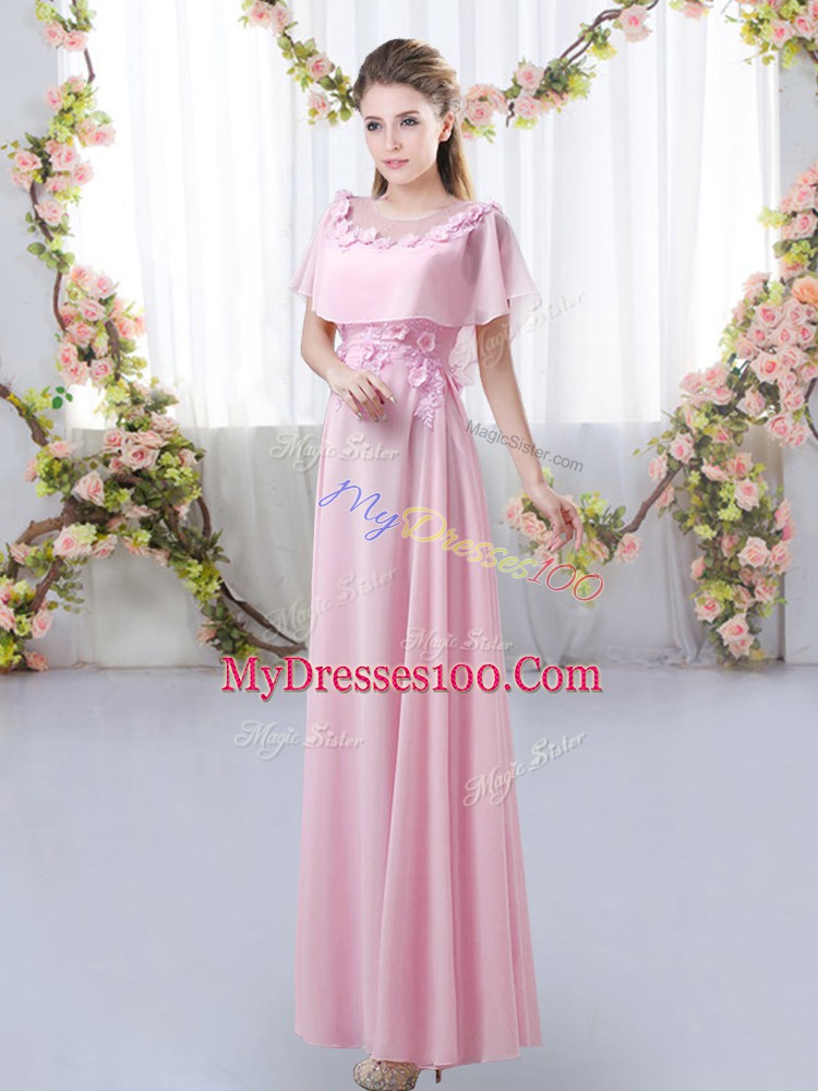 Sophisticated Rose Pink Empire Chiffon Scoop Short Sleeves Appliques Floor Length Zipper Quinceanera Dama Dress