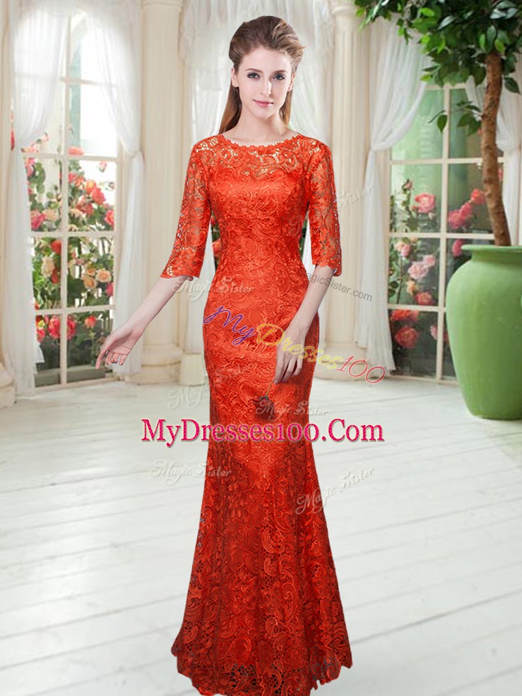 Scoop Half Sleeves Zipper Lace in Orange Red