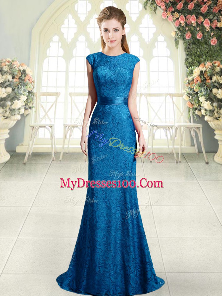 Amazing Cap Sleeves Prom Party Dress Sweep Train and Beading and Lace