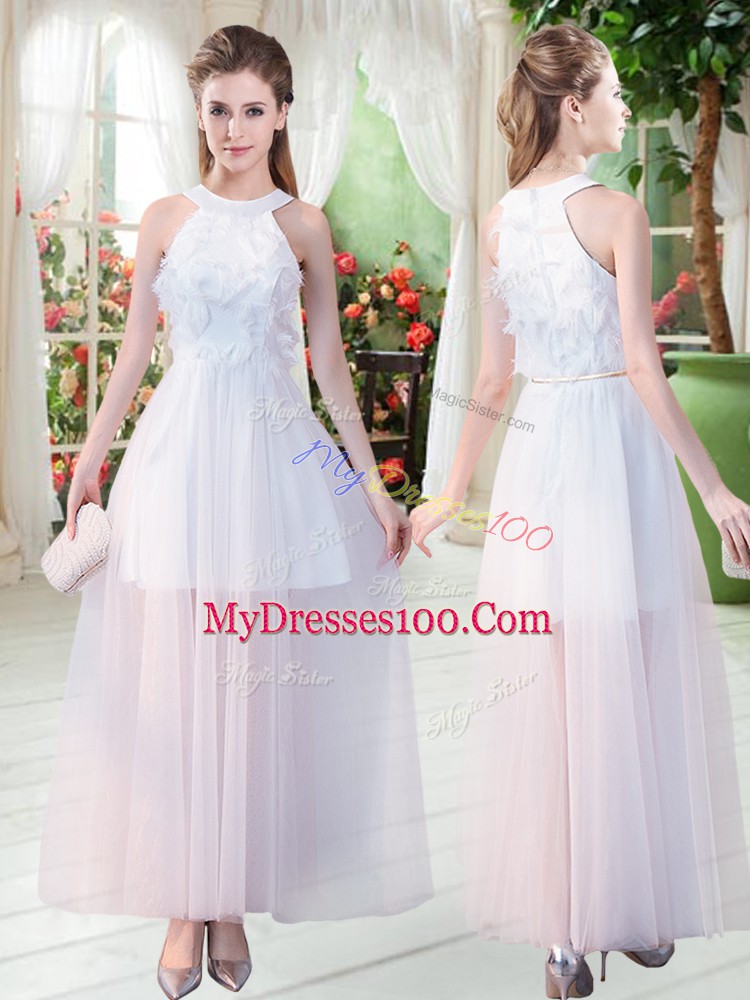 Admirable White Empire Scoop Sleeveless Tulle Ankle Length Zipper Appliques Prom Party Dress