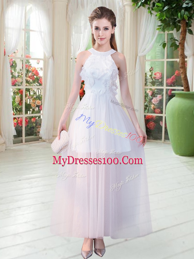 Admirable White Empire Scoop Sleeveless Tulle Ankle Length Zipper Appliques Prom Party Dress