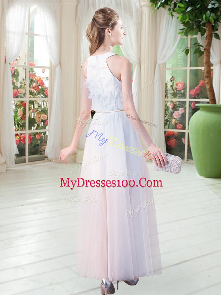 Admirable White Empire Scoop Sleeveless Tulle Ankle Length Zipper Appliques Prom Party Dress