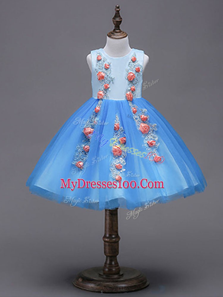 Attractive Tulle Scoop Sleeveless Zipper Hand Made Flower Toddler Flower Girl Dress in Blue
