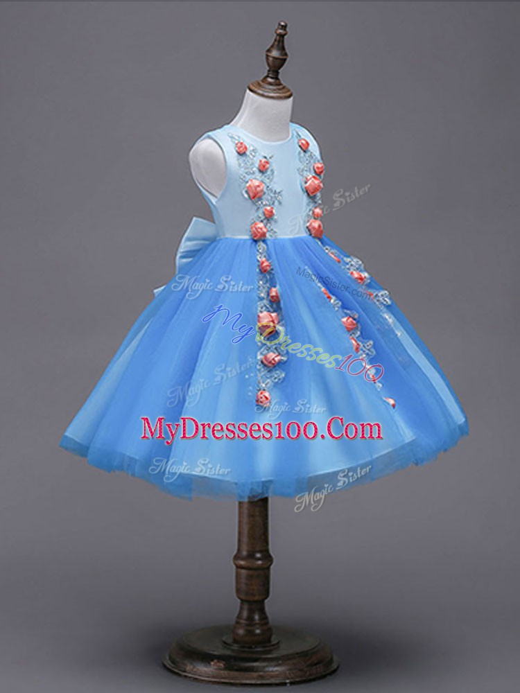 Attractive Tulle Scoop Sleeveless Zipper Hand Made Flower Toddler Flower Girl Dress in Blue
